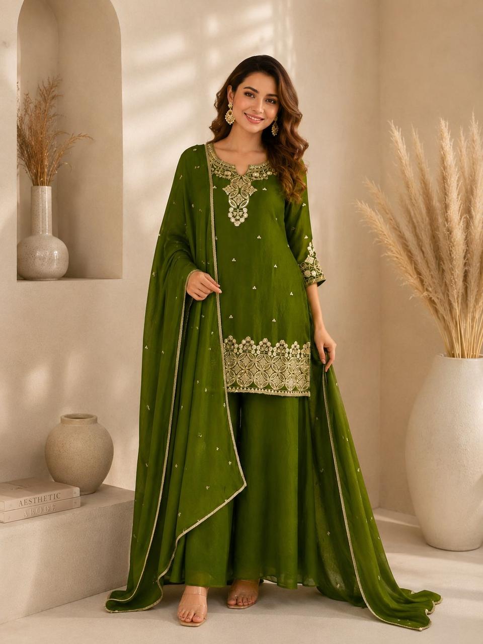 Rust Brown Embroidered Chanderi Kurta with Sharara and Dupatta Set in Mehendi – view 2