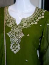 Rust Brown Embroidered Chanderi Kurta with Sharara and Dupatta Set in Mehendi – view 5