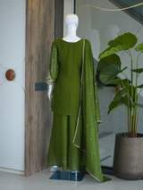 Rust Brown Embroidered Chanderi Kurta with Sharara and Dupatta Set in Mehendi – view 7