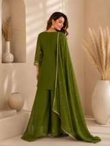 Rust Brown Embroidered Chanderi Kurta with Sharara and Dupatta Set in Mehendi – view 3