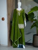 Rust Brown Embroidered Chanderi Kurta with Sharara and Dupatta Set in Mehendi – view 6