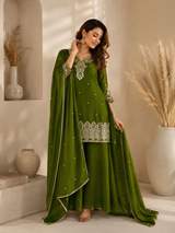 Rust Brown Embroidered Chanderi Kurta with Sharara and Dupatta Set in Mehendi