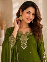 Rust Brown Embroidered Chanderi Kurta with Sharara and Dupatta Set in Mehendi – view 4