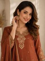 Rust Brown Embroidered Chanderi Kurta with Sharara and Dupatta Set – view 2