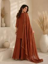 Rust Brown Embroidered Chanderi Kurta with Sharara and Dupatta Set – view 4
