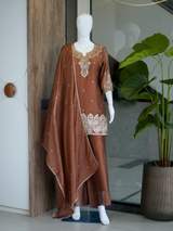 Rust Brown Embroidered Chanderi Kurta with Sharara and Dupatta Set – view 5
