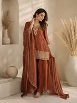 Rust Brown Embroidered Chanderi Kurta with Sharara and Dupatta Set