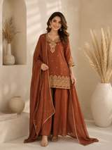 Rust Brown Embroidered Chanderi Kurta with Sharara and Dupatta Set – view 7