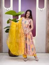 Yellow Multi-Print Anarkali Kurta Set with Dupatta | Festive & Ethnic Wear for Women – view 4