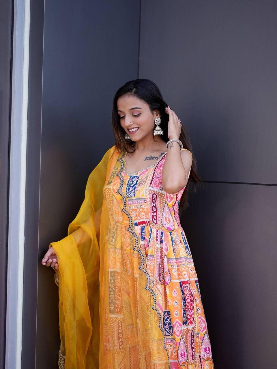 Yellow Multi-Print Anarkali Kurta Set with Dupatta | Festive & Ethnic Wear for Women