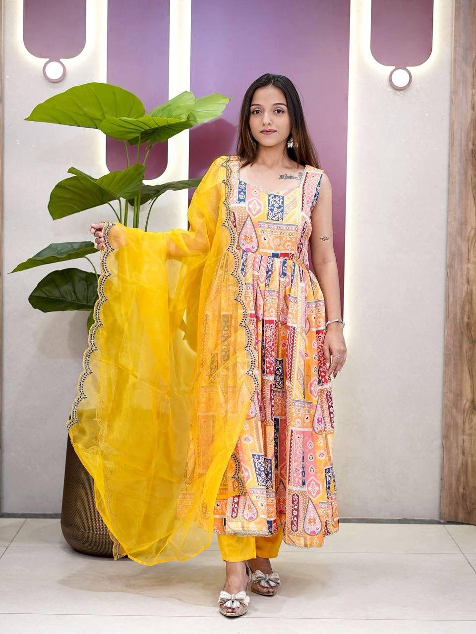 Yellow Multi-Print Anarkali Kurta Set with Dupatta | Festive & Ethnic Wear for Women – view 2