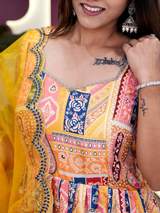 Yellow Multi-Print Anarkali Kurta Set with Dupatta | Festive & Ethnic Wear for Women – view 9