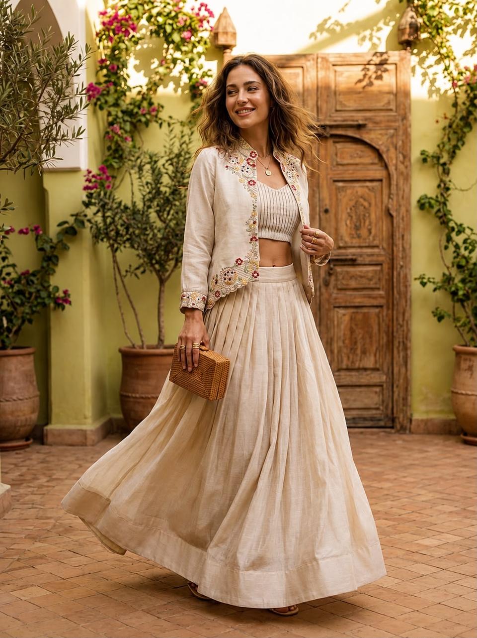 Designer Beige Embroidered Crop Top, Skirt & Jacket Set | Ethnic Fusion Wear in White