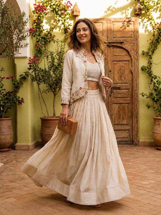 Designer Beige Embroidered Crop Top, Skirt & Jacket Set | Ethnic Fusion Wear in White