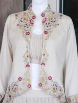 Designer Beige Embroidered Crop Top, Skirt & Jacket Set | Ethnic Fusion Wear in White – view 3