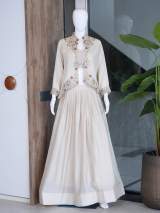 Designer Beige Embroidered Crop Top, Skirt & Jacket Set | Ethnic Fusion Wear in White – view 6