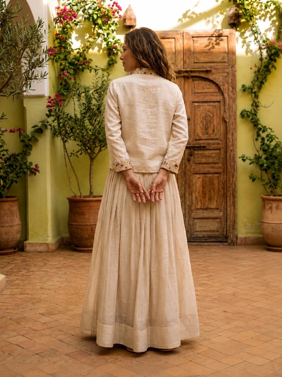 Designer Beige Embroidered Crop Top, Skirt & Jacket Set | Ethnic Fusion Wear in White – view 2