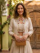 Designer Beige Embroidered Crop Top, Skirt & Jacket Set | Ethnic Fusion Wear in White – view 5
