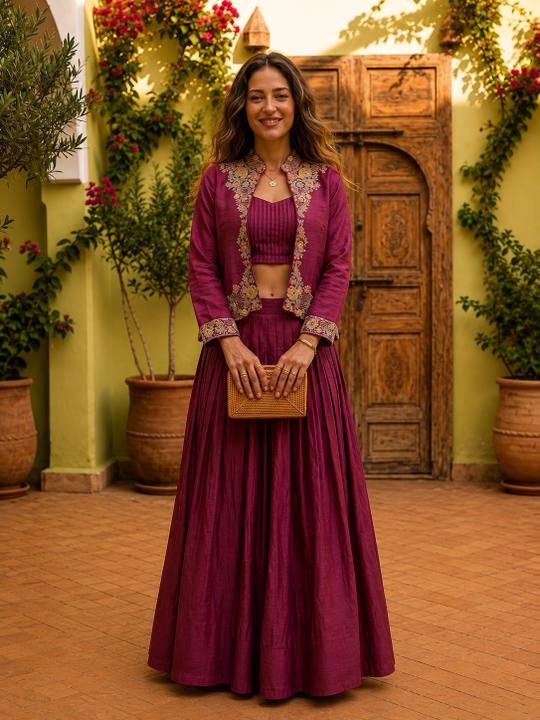 Stunning Magenta Embroidered Crop Top, Skirt & Jacket Fusion Set in Mehendi