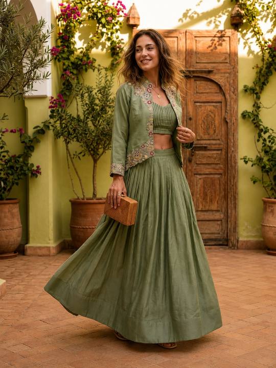 Elegant Sage Green Embroidered Crop Top, Skirt & Jacket Set in Rani