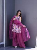 Purple Printed Multi-Color Patchwork Kurta with Patiala Salwar and Embroidered Organza Dupatta Set – view 4