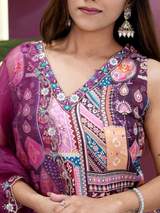 Purple Printed Multi-Color Patchwork Kurta with Patiala Salwar and Embroidered Organza Dupatta Set – view 9
