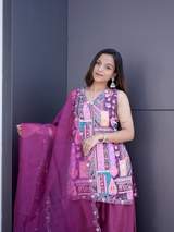 Purple Printed Multi-Color Patchwork Kurta with Patiala Salwar and Embroidered Organza Dupatta Set – view 3