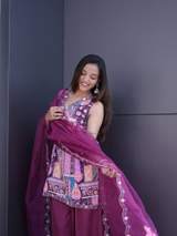 Purple Printed Multi-Color Patchwork Kurta with Patiala Salwar and Embroidered Organza Dupatta Set – view 2