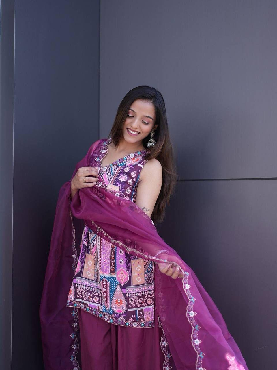Purple Printed Multi-Color Patchwork Kurta with Patiala Salwar and Embroidered Organza Dupatta Set – view 2