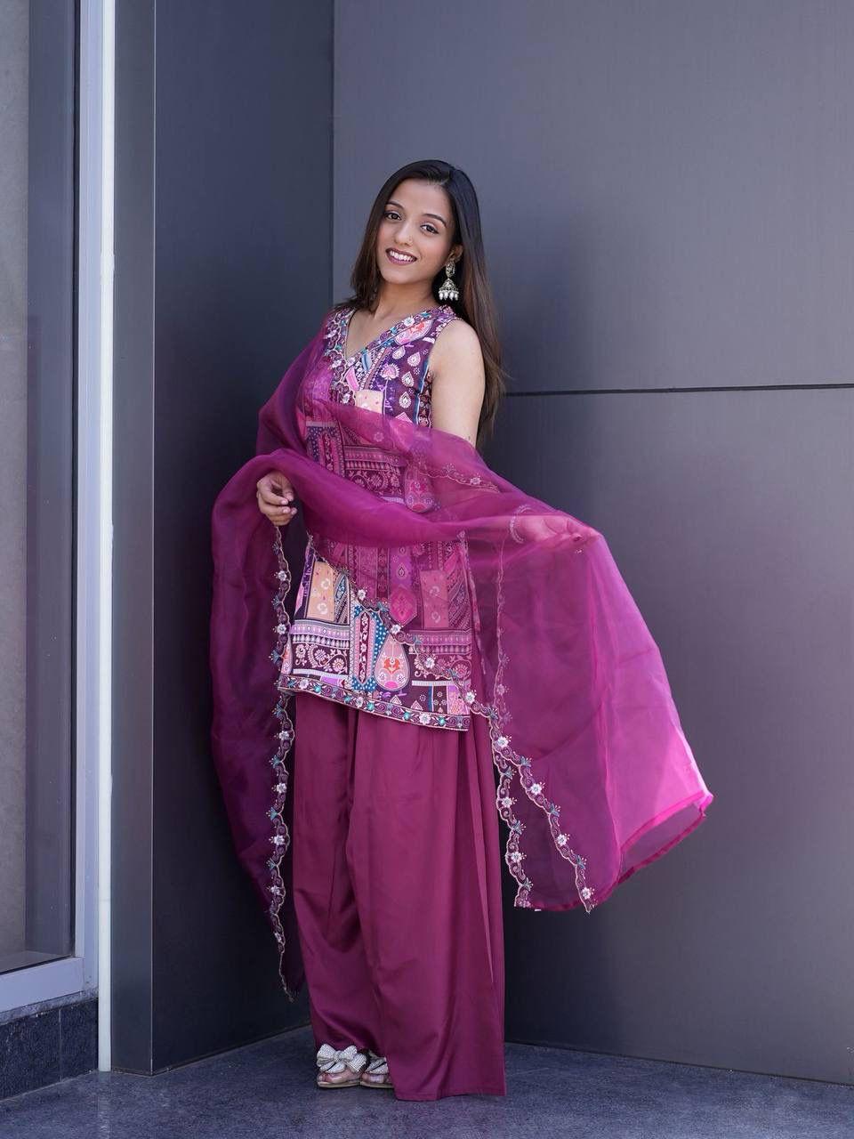 Purple Printed Multi-Color Patchwork Kurta with Patiala Salwar and Embroidered Organza Dupatta Set