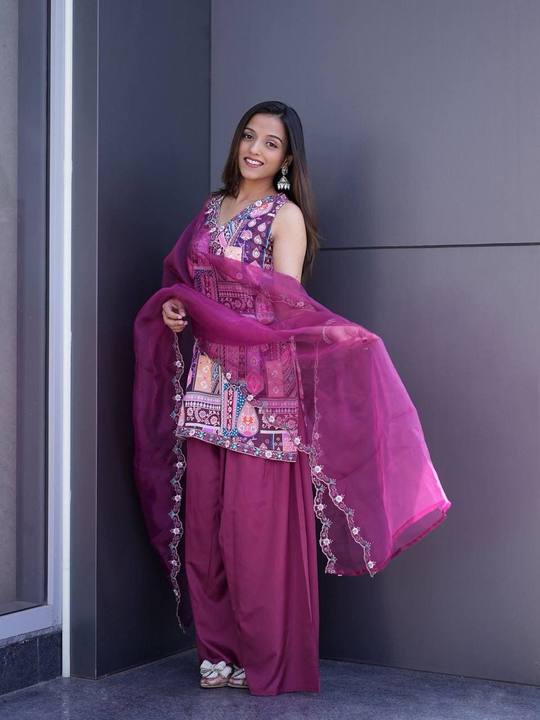 Purple Printed Multi-Color Patchwork Kurta with Patiala Salwar and Embroidered Organza Dupatta Set