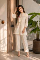 Elegant Off-White Embroidered Kurti & Pant Co-Ord Set
