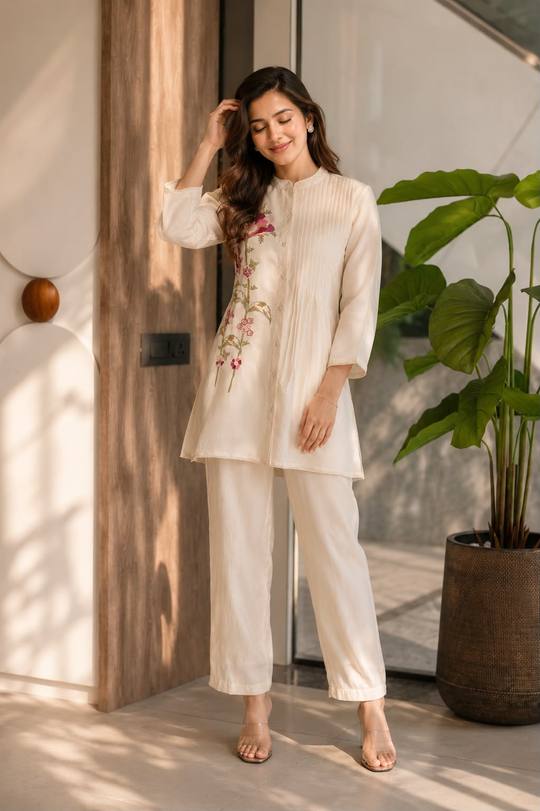 Elegant Off-White Embroidered Kurti & Pant Co-Ord Set