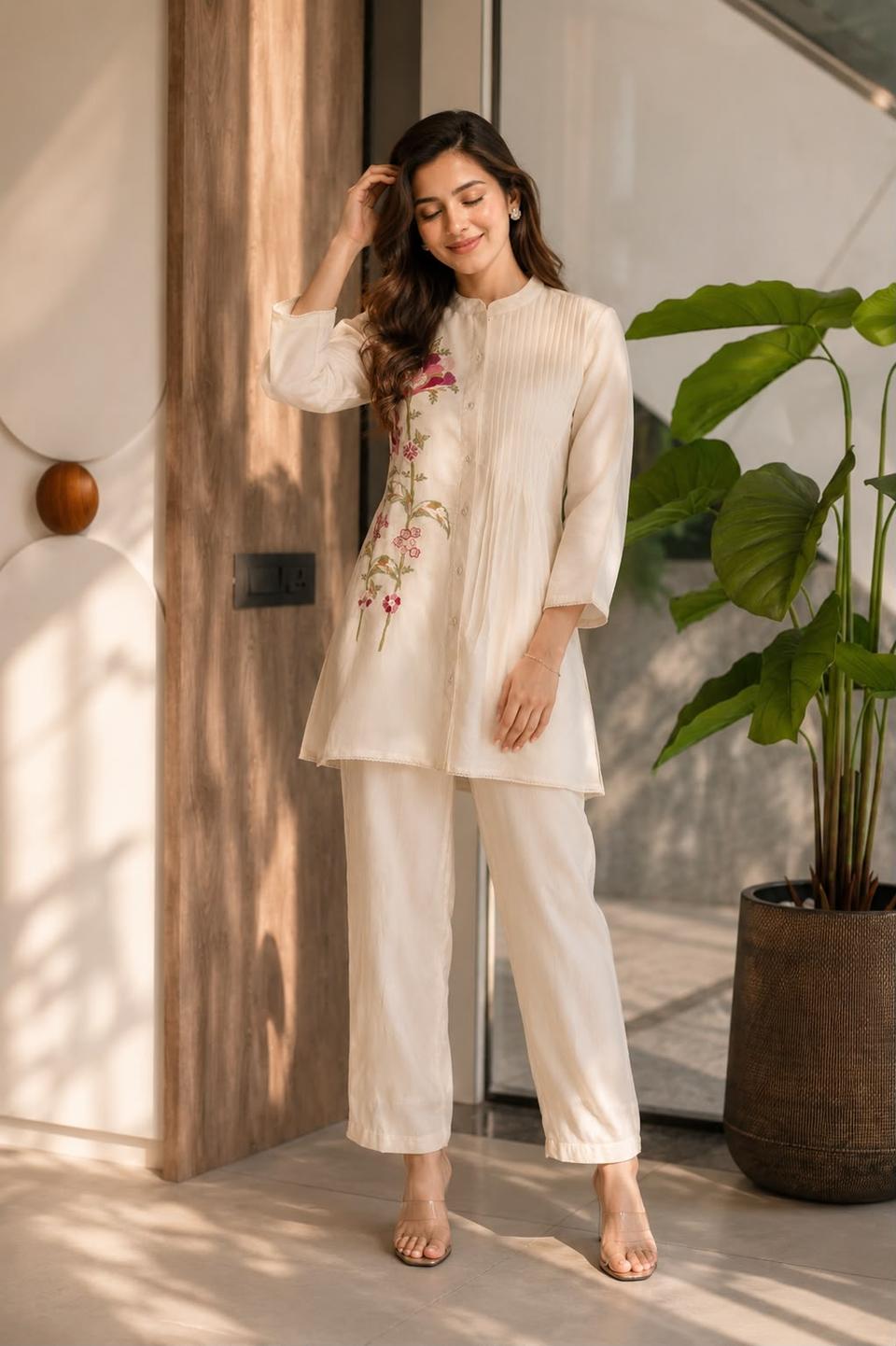 Elegant Off-White Embroidered Kurti & Pant Co-Ord Set