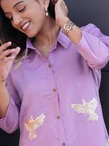 Elegant Lavender Roman Silk Kurti and Pant Set with Embroidery in Purple – view 5