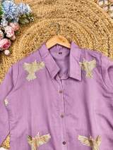 Elegant Lavender Roman Silk Kurti and Pant Set with Embroidery in Purple – view 8