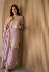 Elegant Light Blue & Lilac Chanderi Kurta Sets with Gold Embroidery & Dupatta in Purple