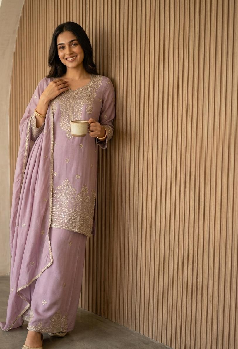 Elegant Light Blue & Lilac Chanderi Kurta Sets with Gold Embroidery & Dupatta in Purple