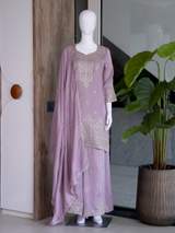 Elegant Light Blue & Lilac Chanderi Kurta Sets with Gold Embroidery & Dupatta in Purple – view 4
