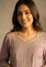 Elegant Light Blue & Lilac Chanderi Kurta Sets with Gold Embroidery & Dupatta in Purple – view 2