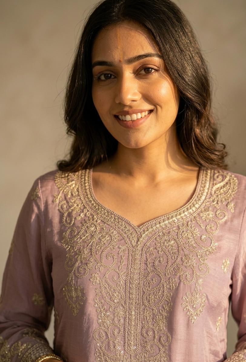 Elegant Light Blue & Lilac Chanderi Kurta Sets with Gold Embroidery & Dupatta in Purple – view 2