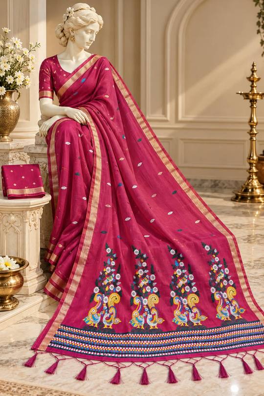 Fancy Ethnic Linen Blend Saree with Rich Peacock & Floral Pallu Work in Rani