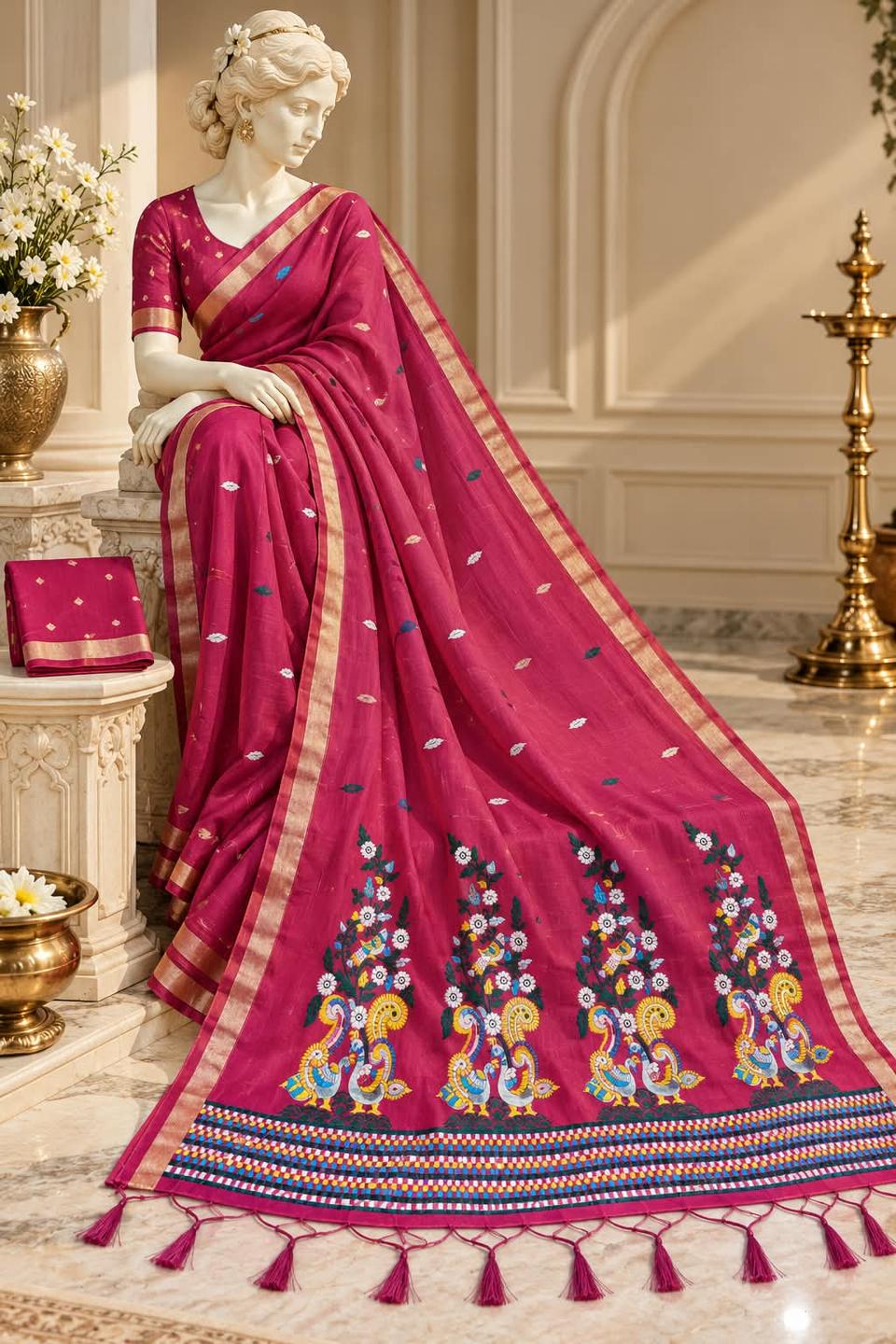 Fancy Ethnic Linen Blend Saree with Rich Peacock & Floral Pallu Work in Rani