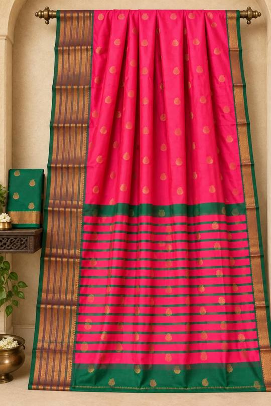 Soft silk saree Banarasi silk saree, copper zariWith rich Pallucontrast, Blouse in Rani