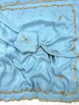 Soft Pixcel Crush Cover With Beautiful khatli cut Dena Handwork in Aqua blue – view 5