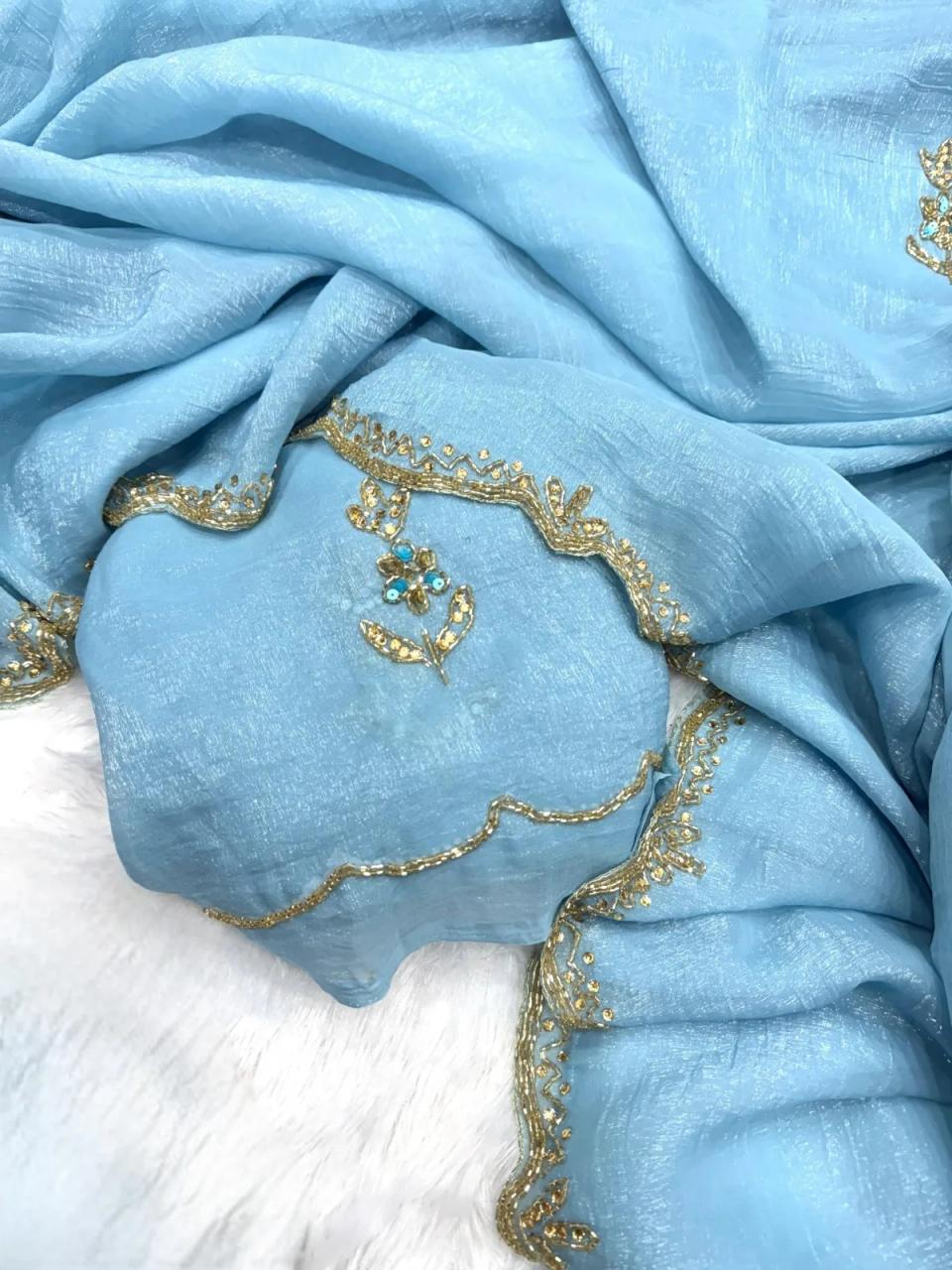Soft Pixcel Crush Cover With Beautiful khatli cut Dena Handwork in Aqua blue – view 2