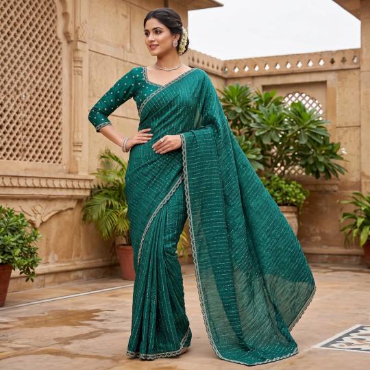 Pure Space Silk With Beautiful Gold Beeds(Bhungali) Work with Cut work border in Aqua blue