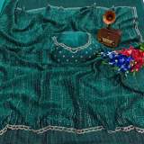 Pure Space Silk With Beautiful Gold Beeds(Bhungali) Work with Cut work border in Aqua blue – view 2