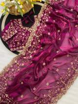 Pure Space Silk With Beautiful Original Golden Beeds Work with Cut work border in Maroon – view 3