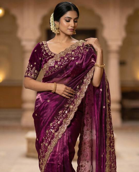 Pure Space Silk With Beautiful Original Golden Beeds Work with Cut work border in Maroon